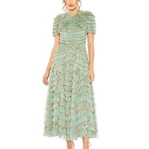 NWT Mac Duggal 8014 Ruffle Green Floral Midi Dress Garden Party Easter